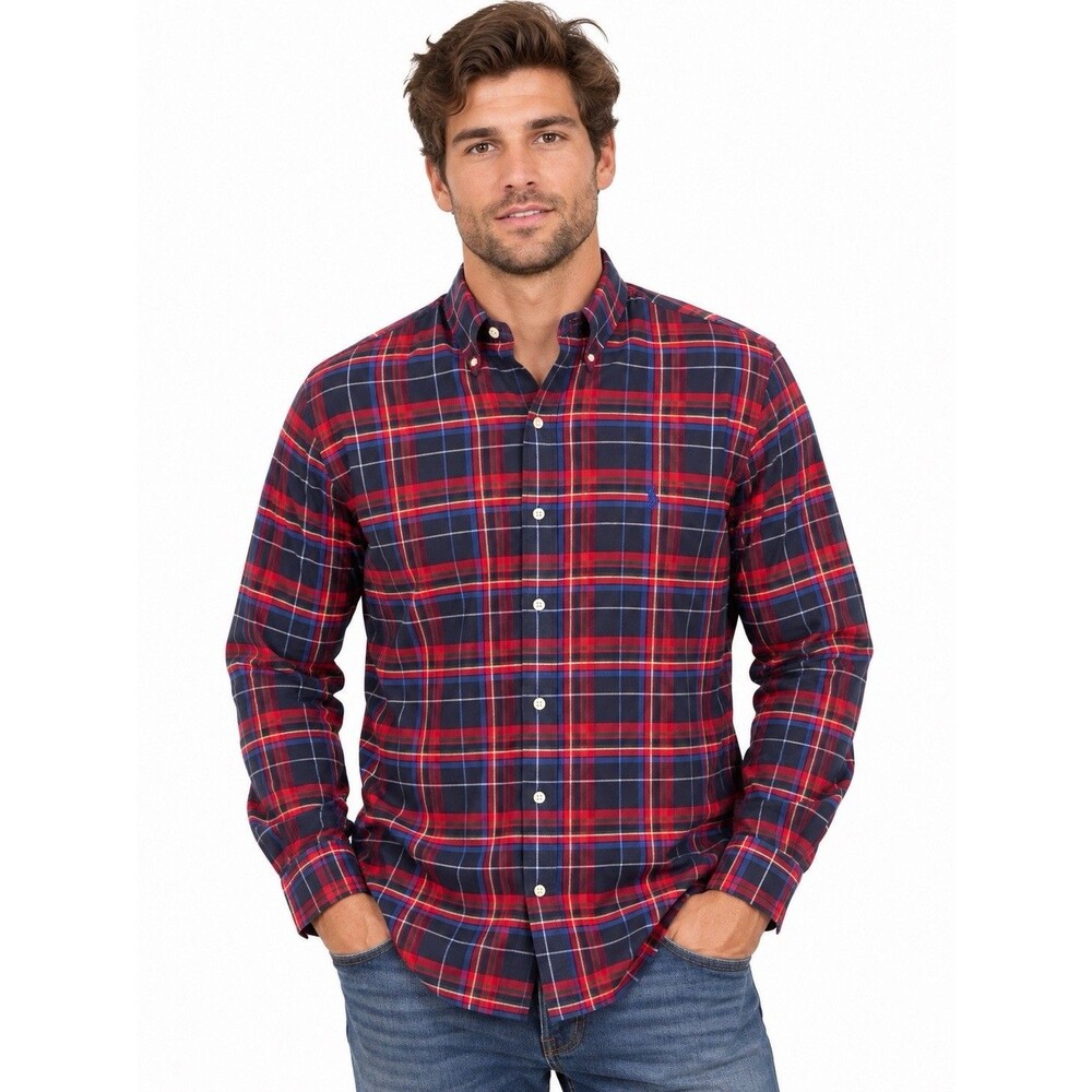 Ralph Lauren Men’s Large Slim Fit Plaid Button Down Shirt Navy Red Long Sleeve